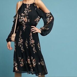 ASTR Black Floral Cold Shoulder Pleated Midi Dress